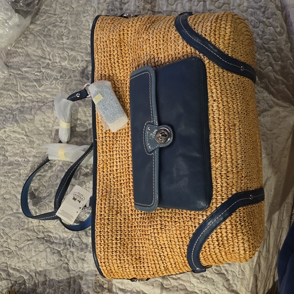 Coach straw and leather large tote